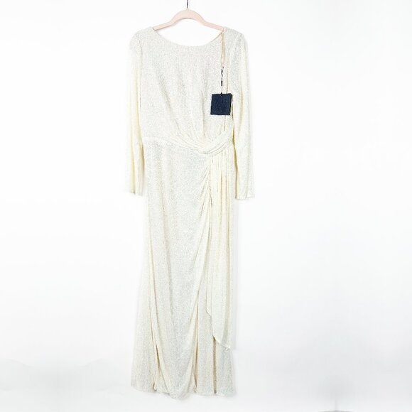 NWT Mac Duggal Sequined Ruched Long Sleeve Boat Neck Gown Pearl 10 #A0193 - Picture 4 of 11